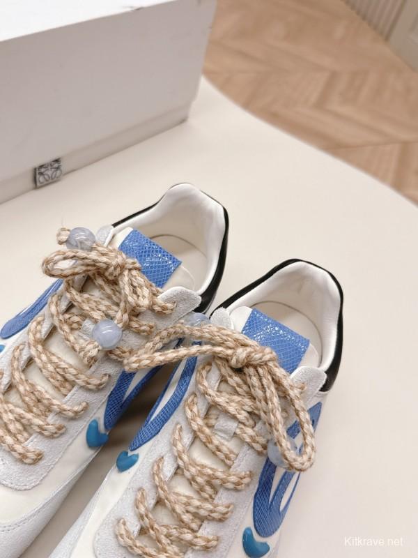 2025 Unisex Loewe White Blue Suede Mesh Casual Sneakers KFY00300
