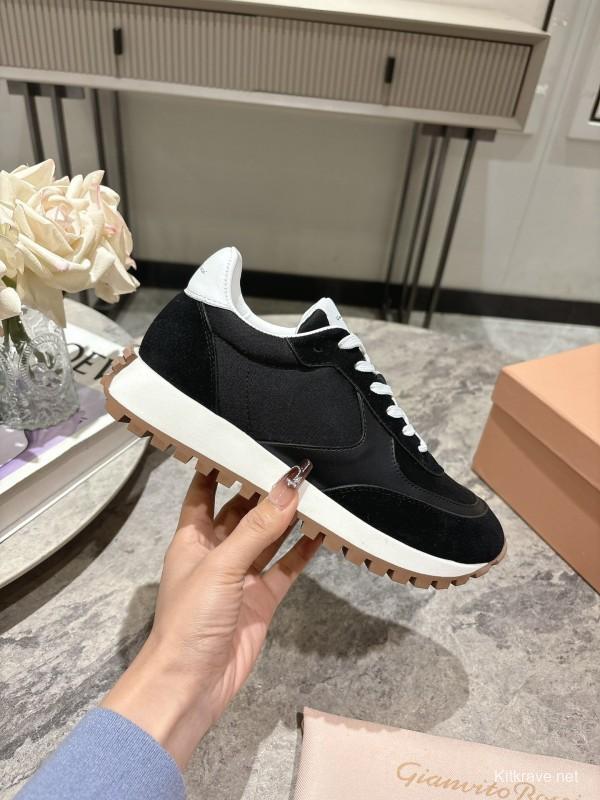 2025 Women Gianvito Rossi Black White Leather Mesh Sneakers