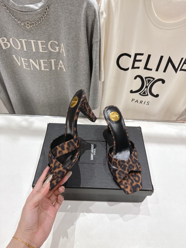 2025 Women Yves Saint Laurent Leopard Print Leather High Heel Sandals