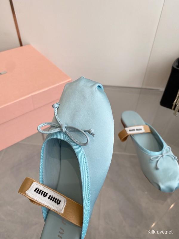2025 Women Miu Miu Light Blue Satin Slip-On Ballet Flats KFY00280