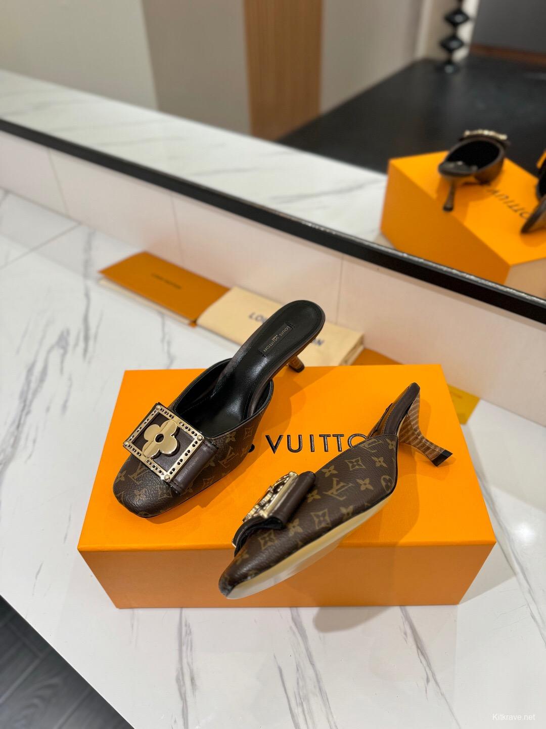 2025 Women Louis Vuitton Brown Leather Mules KFY00320