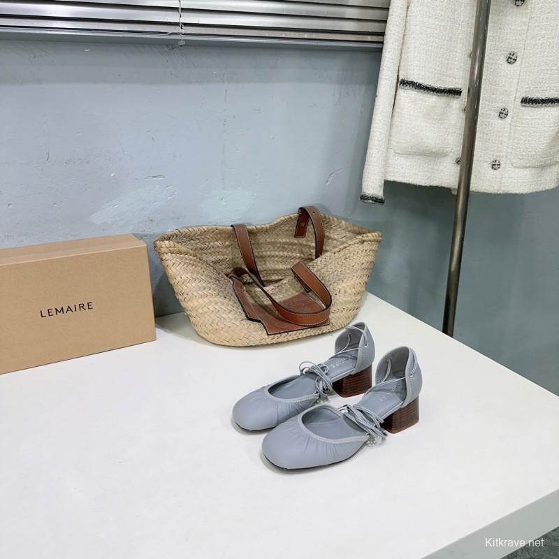 2025 Women LEMAIRE Light Grey Leather Mary Jane Block Heel KFY00300