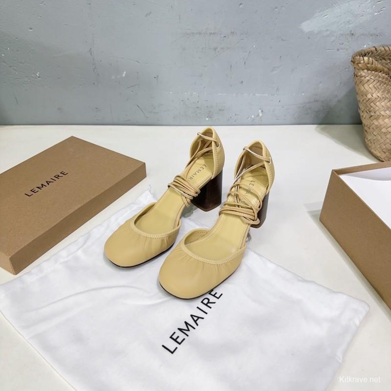 2025 Women LEMAIRE Pale Yellow Lambskin Mary Jane Heeled Shoes