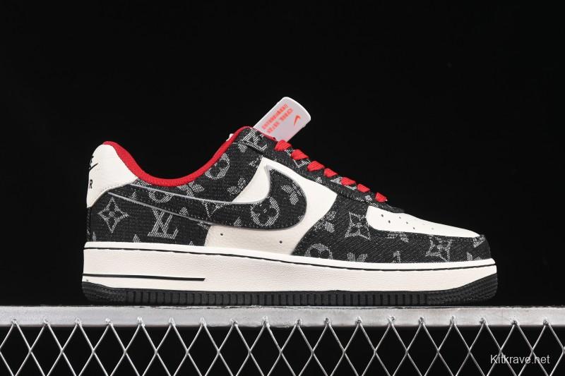 Nike Air Force 1 '07 Low LV Collaboration Black Denim Red Swoosh Casual Sneakers - LW9279-001