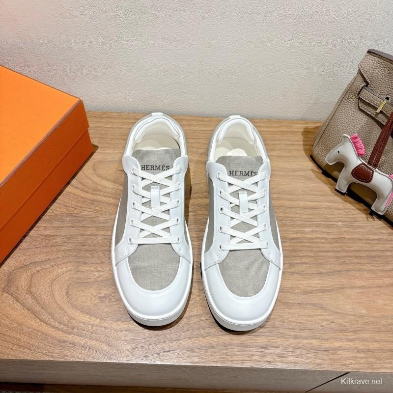 2025 Unisex Hermès White Light Grey Leather Fabric Sneakers AS00380