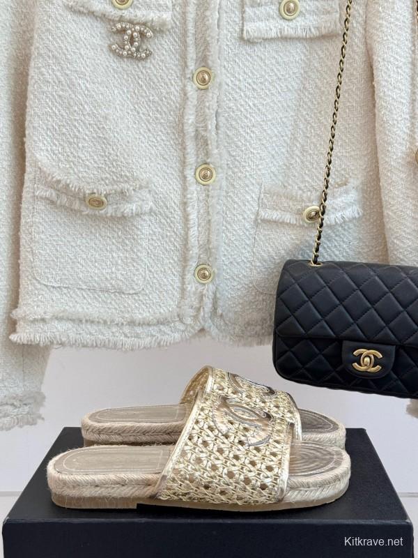 2025 Women Chanel Beige Custom Material Rope Sole Slippers Big CC Hollow Weave KFY00240
