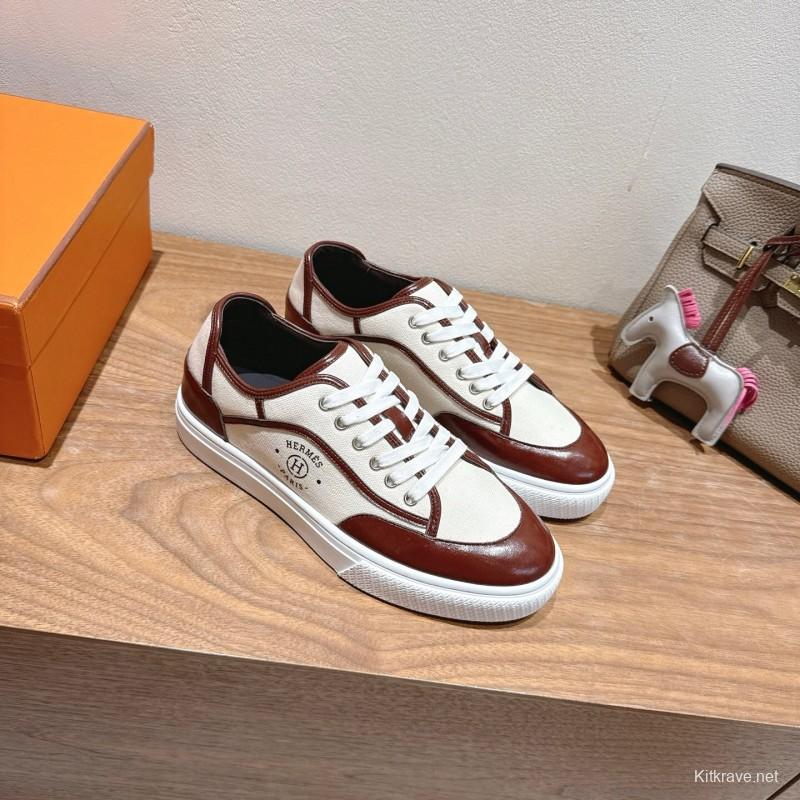 2025 Unisex Hermes Brown White Fabric Leather Sneakers AS00380