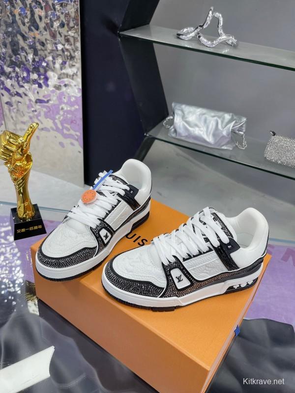2025 Unisex Louis Vuitton White Black Leather Fabric Plimsolls Handcrafted Rhinestones AS00400