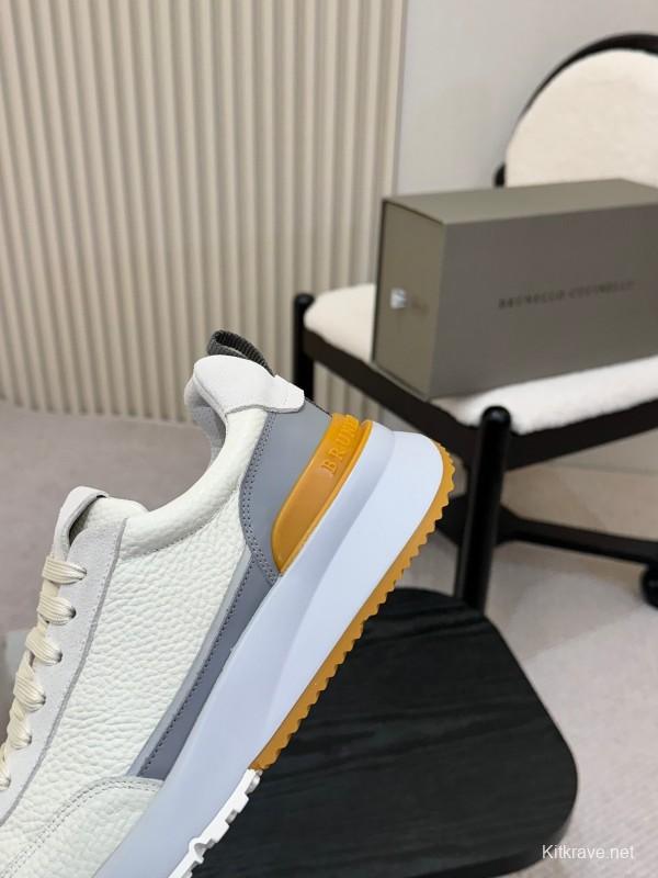 2025 Men Brunello Cucinelli Black Ivory Blue Almond Calfskin Leather Sneakers AS00320