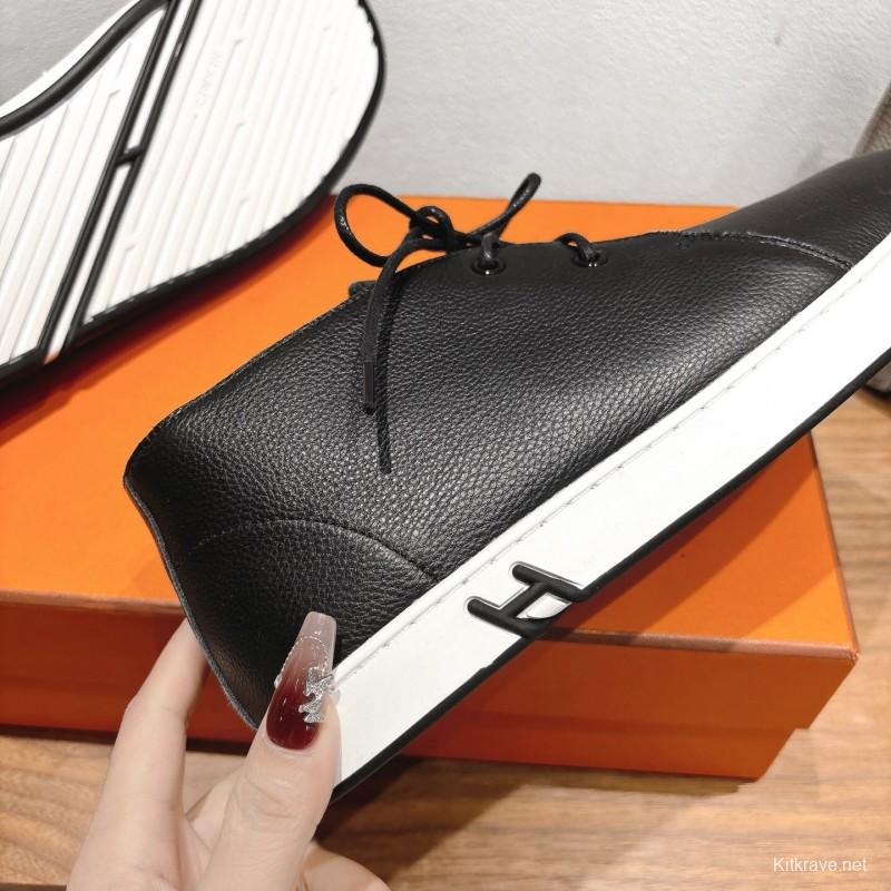 2025 Unisex Hermes Black White Leather Boots Classic Style