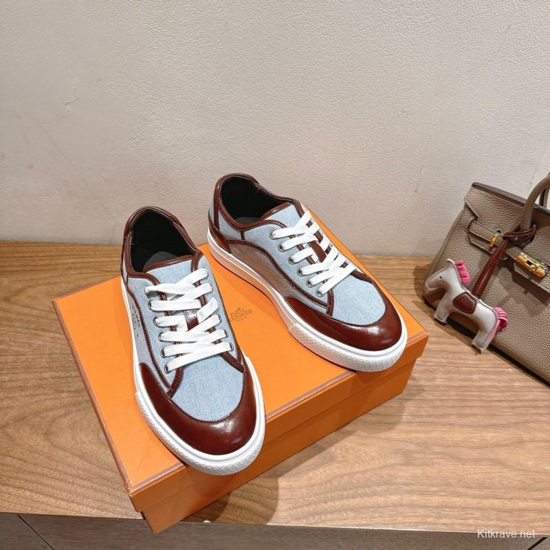 2025 Unisex H Brown Blue Leather Knit Sneakers AS00380