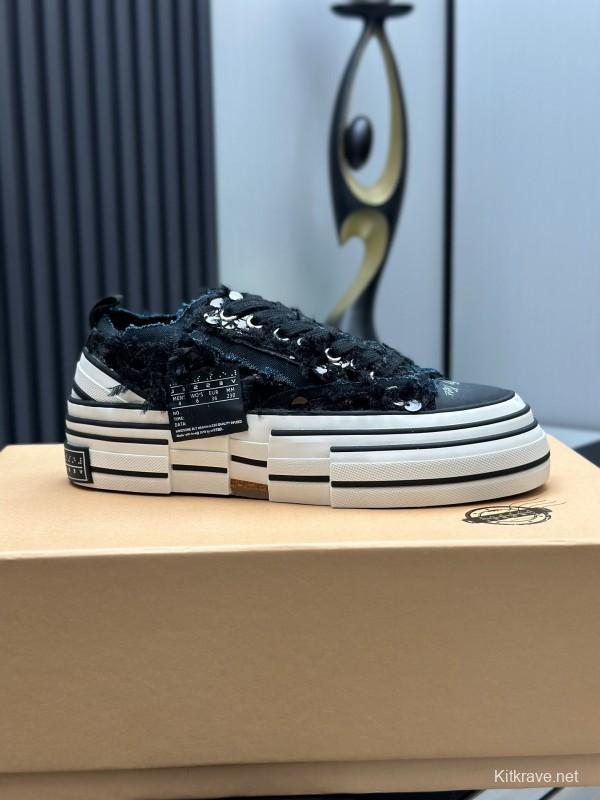 2025 Unisex XVESSEL Black Canvas Plimsolls Distressed Artistic AS00260