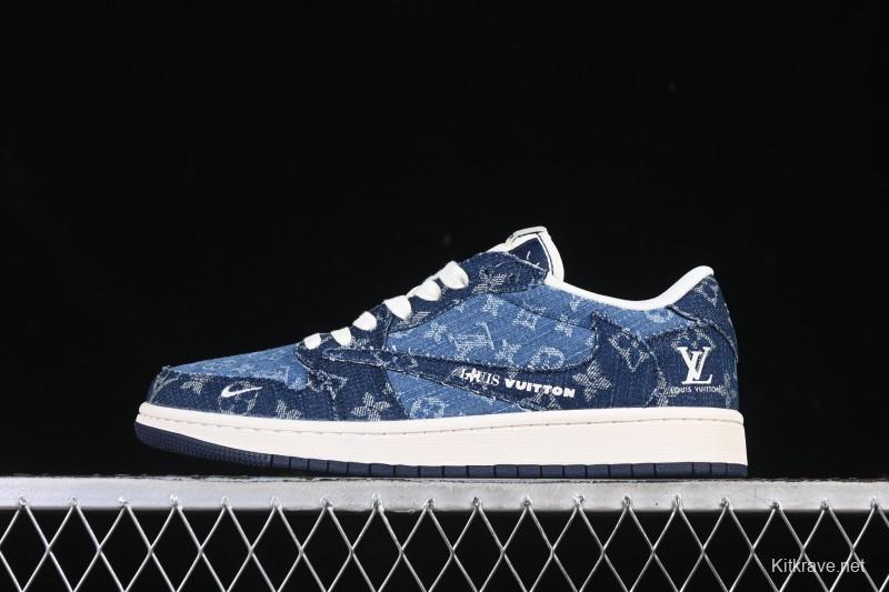 Nike Travis Scott x Fragment Design x Air Jordan 1 Low OG SP AJ1 Low-top Casual Sneakers with Washed Denim Blue Print - XD0798-312