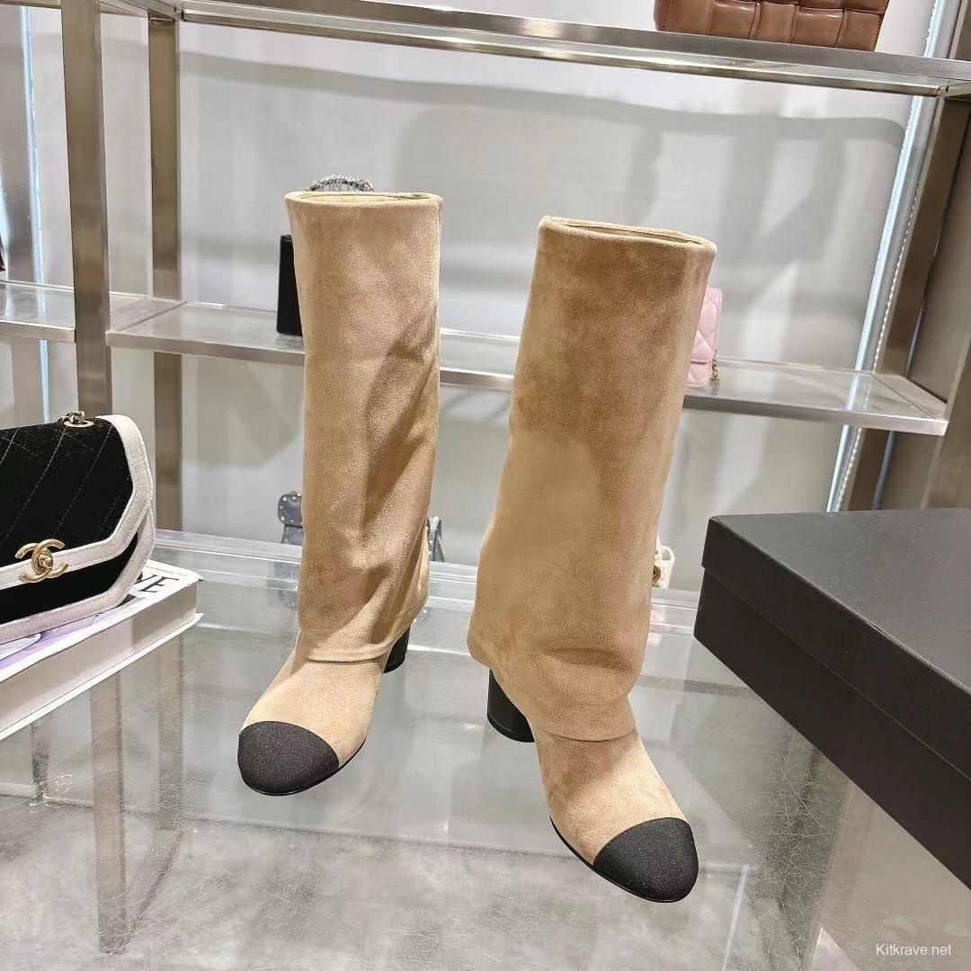 Chanel 2025/SS Small Fragrance Autumn Winter Runway Turned-Cuff Block Heel Straight Tube Boots Classic Color Block - LY00510