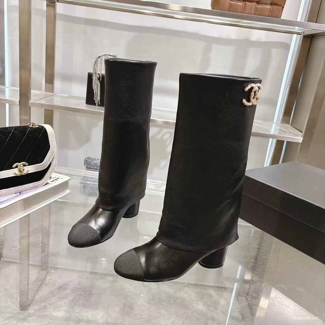 Chanel 2025/SS Autumn Winter Runway Turn-Cuff Block Heel Straight Tube Boots Classic Color Block - LY00510
