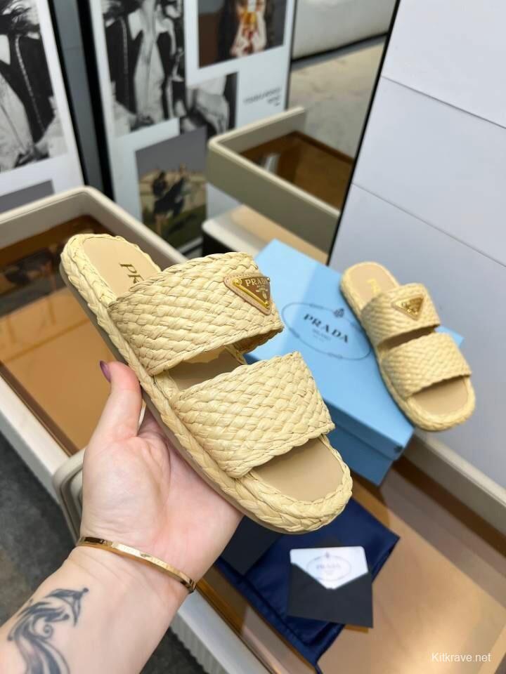 Prada 2025 SS Raffia Handwoven Open-Toe Sandals - KFY00260