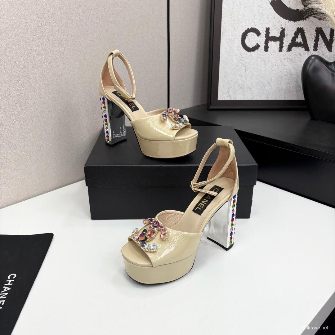 Adidas 2025/SS Little Fragrance Style Nightclub Color Diamond Chunky Heel Square Heel High Heel Waterproof Platform Back Strap Simple Sandals - KFY00350