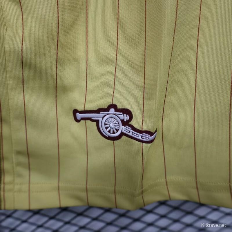 Player Version 25/26 Arsenal Yellow with Burgundy Side Stripes and Pinstripes Shorts
