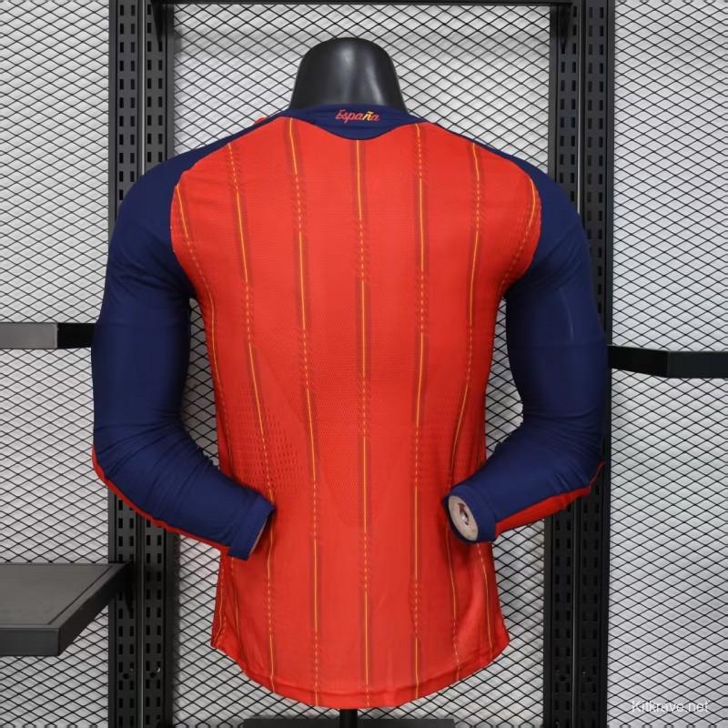 Player Version 2026 Spain Home Long Sleeve Red with Vertical Stripe Pattern Jersey