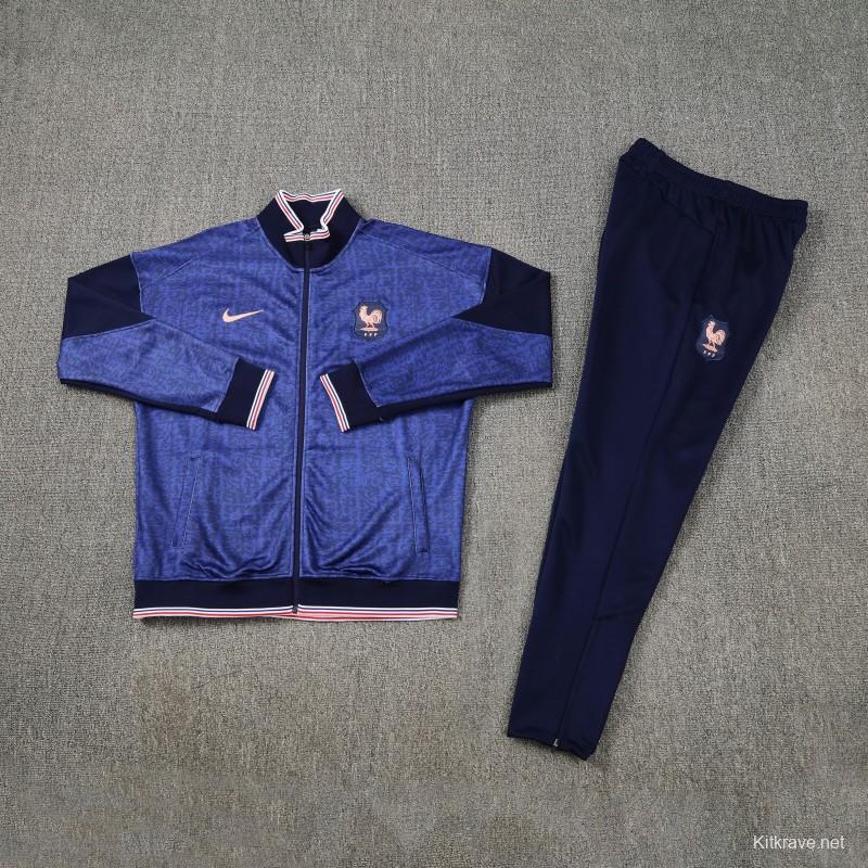 26/27 France Navy Blue Full Zipper Jacket Tracksuit + Long Pants