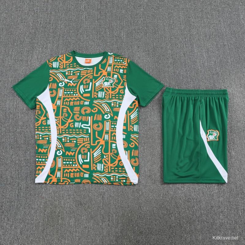25/26 Côte d'Ivoire Green Tribal Print Short Sleeve Training Suit + Shorts