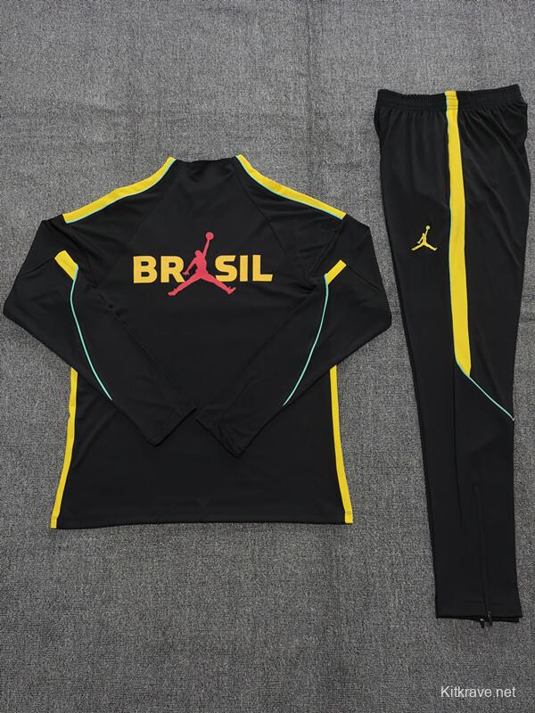 2026 Kids Brazil Black & Yellow Half Zipper Jacket Tracksuit + Long Pants