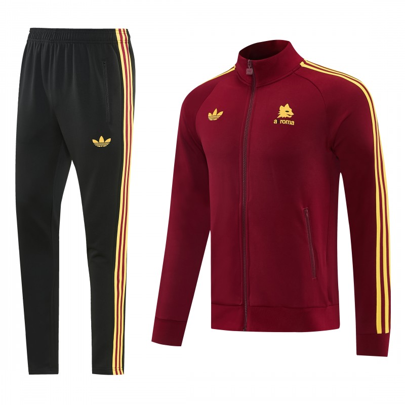 2026/27 AS Roma Burgundy & Gold Full Zipper Jacket Tracksuit +Black  Long Pants