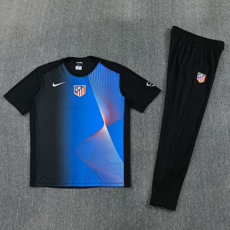 26/27 Atlético de Madrid Black & Blue with Fluid Wave  Print Short Sleeve Tracksuit + Black Long Pants