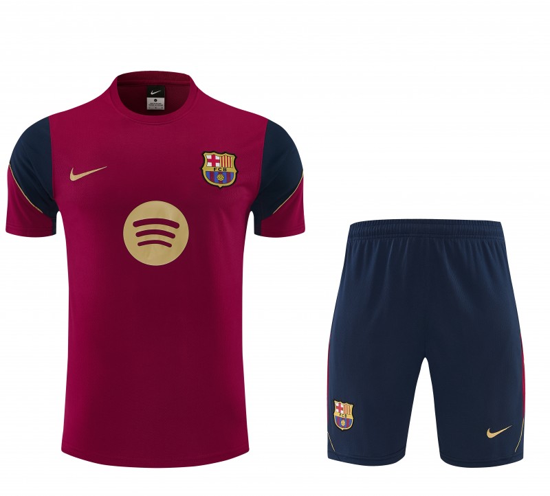 26/27 FC Barcelona Burgundy Red  Short Sleeve + Navy Blue Soccer Shorts