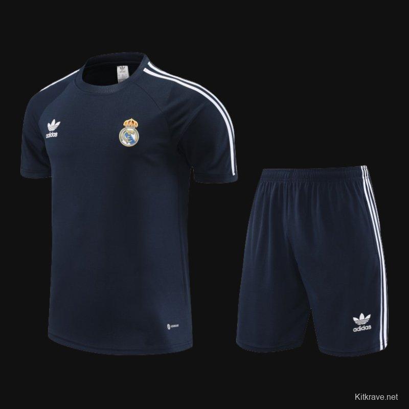 23/24 Adidas Originals Real Madrid Navy Cotton Short Sleeve Jersey+Shorts