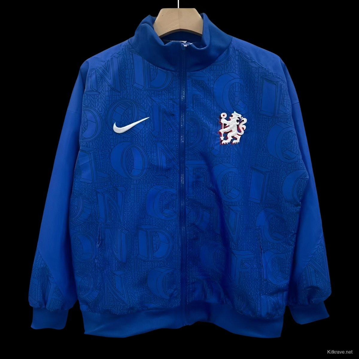 25/26 Chelsea FC Blue with All-Over London Text Pattern Full Zipper Windbreaker