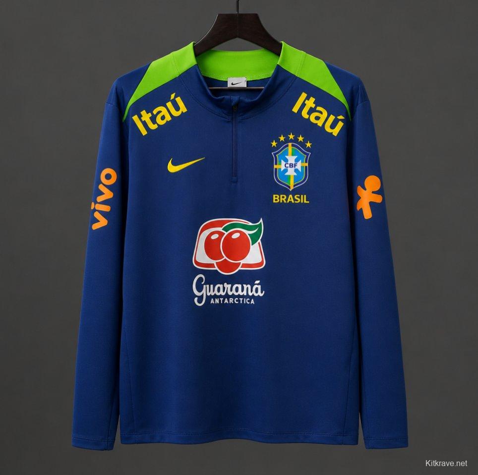 2024 Brazil Navy Blue with Lime Green Long Sleeve Half-Zip Training Top