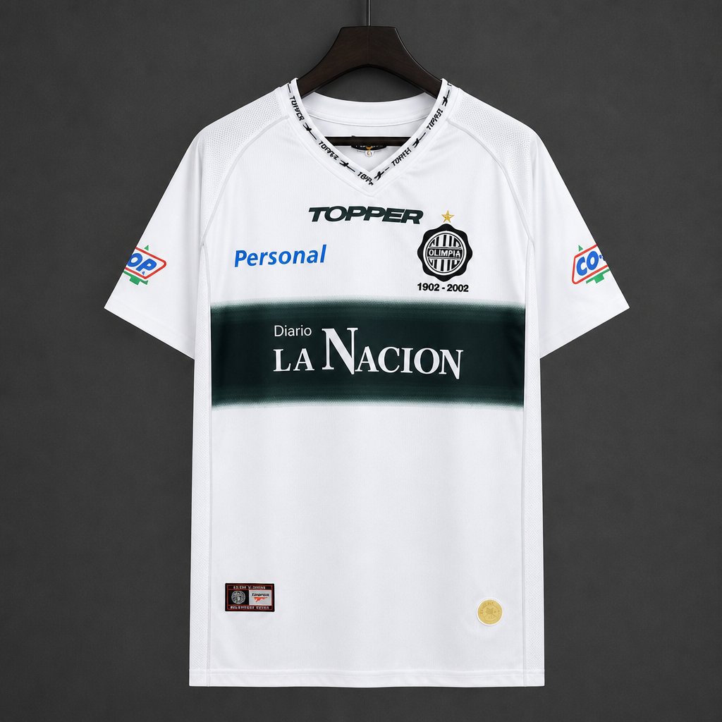 Retro 2002 Club Olimpia White with Dark Green Band Centenary Home Jersey
