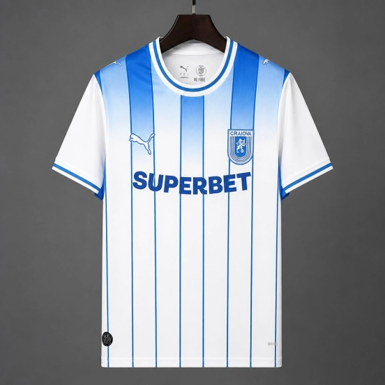 26/27 Universitatea Craiova White & Blue Stripes Home Jersey